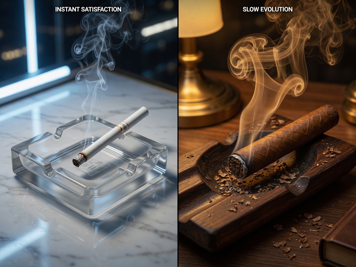 The same-night setup: one cigar and two cigarettes, two time scales read from the same mouth.